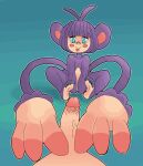  3_fingers absurd_res ambiguous_gender ambipom anthro big_ears big_hands blush blush_stickers colored_nails disembodied_penis duo feet fingers genitals hi_res human male mammal nails nintendo penis pok&eacute;mon pok&eacute;mon_(species) prehensile_tail purple_body rabidclone simple_background soles tongue tongue_out video_games 
