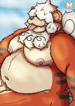  2021 anthro anthrofied belly cute_fangs genitals hi_res hisuian_growlithe male moobs navel nintendo nipples orange_body outside overweight overweight_male penis pok&eacute;mon pok&eacute;mon_(species) red_panda_mirr sitting solo tongue tongue_out video_games white_body 