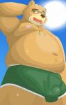  2021 anthro belly blush bodily_fluids bulge clothing eyewear glasses hi_res kemono male mammal moobs navel nipples one_eye_closed outside overweight overweight_male shirokuma_210 solo sun sweat tokyo_afterschool_summoners underwear ursid video_games volos wink 
