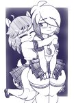  absurd_res ahoge anthro blue_and_white blush bottomwear canid canine canis clothing cricetid domestic_dog donnie_(yoko_arika) duo eyes_closed girly hair hamster happy hi_res hug hugging_from_behind male male/male mammal midriff monochrome niko_(pkfirefawx) one_eye_obstructed one_leg_up pkfirefawx raised_leg rodent school_uniform serafuku size_difference skirt thick_thighs uniform wide_hips 