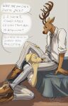  anthro beastars bed bulge clothed clothing crotch_sniffing dialogue duo english_text face_in_crotch furniture hi_res jack_(beastars) legs_around_partner louis_(beastars) male male/male sniffing speech_bubble text wolfsecret 