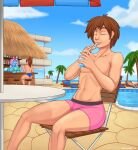 beverage catchabird clothing detailed_background hi_res human human_focus male mammal outside resort sea sitting solo solo_focus straw swimming_pool swimming_trunks swimwear water 