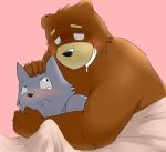  2010 alternate_text_(artist) anthro bedding black_nose blanket blush bodily_fluids brown_body drooling duo hug humanoid_hands kemono mammal overweight pink_background saliva scared simple_background tears ursid 