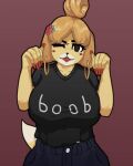  4:5 accessory animal_crossing anthro big_breasts black_bottomwear black_clothing black_pants black_shirt black_topwear bottomwear breasts brown_background canid canine canis clothed clothing colored_nails domestic_dog ear_piercing ear_ring female flower flower_in_hair fur hair hair_accessory hair_bun hi_res hoop_earrings isabelle_(animal_crossing) long_nails mammal nails nintendo one_eye_closed outline pants piercing plant red_nails shirt simple_background solo text text_on_clothing text_on_shirt text_on_topwear topwear video_games wink yellow_body yellow_fur zorodura 