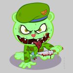  1:1 absurd_res anthro balls blood bodily_fluids camo camo_print clothed clothing digital_media_(artwork) erection flippy_(htf) foreskin fur genital_fluids genitals green_body green_fur happy_tree_friends harzu hat headgear headwear hi_res humanoid_genitalia knife looking_at_viewer male mammal open_mouth penis rape_face simple_background solo tongue toony uncut ursid weapon 