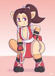  anthro butt clothed clothing cooper_cat cosplay costume domestic_cat fatal_fury felid feline felis fur hi_res looking_at_viewer mai_shiranui male mammal simple_background smile solo video_games wolfyzeeb young 