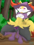  3:4 anthro black_body black_fur boots braixen breasts clothing female footwear forest fur genitals glowing glowing_eyes glowing_tattoo hands_behind_head hi_res markings multicolored_body multicolored_fur nintendo nipples on_ground outside plant pok&eacute;mon pok&eacute;mon_(species) purple_eyes pussy red_body red_fur smile solo tattoo text tree url video_games white_body white_fur winick-lim womb_tattoo yellow_body yellow_fur 