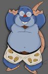  2021 anicrossbear anthro bed belly blue_body clothing dylan_(the_human_heart) eulipotyphlan eyewear furniture glasses hi_res lying male mammal mole_(animal) navel overweight overweight_male red_nose solo the_human_heart_(game) underwear video_games visual_novel 