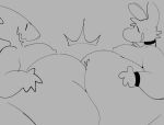  4_fingers ambiguous_species anthro belly belly_bump big_belly collar duo fingers freckles hyper hyper_belly male milo_(squishers) monochrome monster moobs nipples overweight overweight_male smile squishy_(artist) toothy_grin 