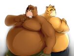  2011 4:3 alternate_text_(artist) anthro belly big_belly black_nose bottomwear brown_body brown_fur clothing duo felid fur humanoid_hands kemono male mammal moobs obese obese_male overweight overweight_male pantherine pants simple_background tiger ursid white_background 