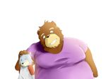  2010 4:3 alternate_text_(artist) anthro belly black_nose brown_body canid canine clothing duo humanoid_hands kemono male mammal overweight overweight_male shirt simple_background size_difference topwear ursid white_background 