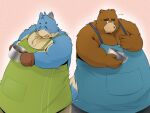  2011 4:3 alternate_text_(artist) anthro apron black_nose blue_body blue_fur blush brown_body brown_fur canid canine canis clothing cooking domestic_dog duo eyes_closed fur humanoid_hands kemono male mammal obese obese_male overweight overweight_male tongue tongue_out ursid 