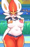  &lt;3 anthro big_breasts blush breasts camel_toe cinderace curvy_figure dialogue english_text female genital_outline hi_res kyodashiro nintendo nipple_band-aid nipple_outline nipples pok&eacute;mon pok&eacute;mon_(species) pussy_outline solo text thick_thighs video_games voluptuous wide_hips 