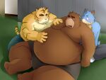  2011 4:3 alternate_text_(artist) anthro belly blue_body blue_fur blush bodily_fluids bottomwear brown_body brown_fur canid canine canis clothing detailed_background domestic_dog eyes_closed felid fur group humanoid_hands kemono locker_room male mammal moobs obese obese_male overweight overweight_male pantherine pants sitting tears tiger underwear ursid yellow_body yellow_fur 