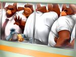  2013 4:3 alternate_text_(artist) anthro belly big_belly blush bodily_fluids bottomwear brown_body brown_fur canid canine canis clothing domestic_dog eyes_closed fur group humanoid_hands inside kemono male mammal mature_male necktie obese obese_male overweight overweight_male pants shirt sweat topwear ursid 