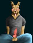  2021 3:4 anthro balls bird_dog black_background blue_bottomwear blue_clothing blue_eyes blue_pants blush bodily_fluids bojack_horseman bottomwear brown_nose canid canine canis clothed clothing digital_drawing_(artwork) digital_media_(artwork) domestic_dog erection eyebrows fangs fur genital_fluids genitals grey_clothing grey_shirt grey_topwear hi_res hunting_dog knot kotpl27 labrador male mammal mr._peanutbutter netflix nipples_through_clothes pants penis precum raised_eyebrows retriever saliva saliva_on_tongue shaded shirt shocked signature simple_background solo topwear yellow_body yellow_fur 