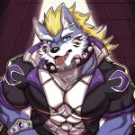  1:1 abs anthro bdsm blonde_hair blue_body blue_eyes blue_fur blush bondage bound canid canine canis clothing collar duo ear_piercing ear_ring fenrir_(housamo) fur hair hi_res istani jacket lifewonders male mammal mouth_play muscular muscular_anthro muscular_male pecs piercing rope rope_bondage rope_harness shirtless tokyo_afterschool_summoners tongue topwear video_games wolf 