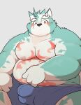  2021 anthro balls_outline belly black_nose blush bulge canid canine canis genital_outline hi_res humanoid_hands kemono male mammal moobs nipples oguchi_magami_(tas) overweight overweight_male penis_outline qqmelon888 simple_background sitting solo tokyo_afterschool_summoners video_games wolf 