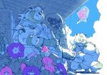  2021 anthro bottomwear canid canine clothed clothing dessert detailed_background eating eyes_closed flower food gamma-g group gyobu gyobu&#039;s_underlings hi_res humanoid_hands kemono leaf male mammal outside overweight overweight_male plant raccoon_dog shaved_ice shorts sitting tanuki tokyo_afterschool_summoners video_games 