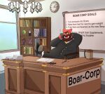  2019 anthro beard biped bookshelf boss bottlebear cigar clock clothed clothing detailed_background digital_drawing_(artwork) digital_media_(artwork) english_text facial_hair figurine fur furniture hi_res male mammal obese office overweight phone red_body red_fur ringed_eyes solo suid suina sus_(pig) text wild_boar window yellow_eyes yellow_sclera 