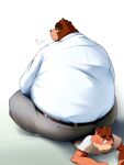  2011 3:4 alternate_text_(artist) anthro blush bodily_fluids bottomwear brown_body brown_fur butt canid canine canis clothing domestic_dog duo fur kemono male mammal obese obese_male overweight overweight_male pants shirt simple_background sitting sitting_on_person size_difference tears topwear 