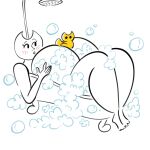  1:1 alien anthro bath bathing big_breasts blush breasts bubble checkyourwhatsapp decres_(hylics) female hi_res huge_breasts humanoid hylics hyper hyper_breasts moon rubber_duck shower solo suds thick_thighs wayne_(hylics) wayne_(species) 