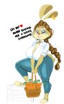  anthro basket bottomwear breasts brown_hair carrot cigarette clothing denim denim_clothing ear_piercing ear_ring english_text female food hair hi_res jeans lagomorph leporid looking_at_viewer mammal mature_female pants piercing plant rabbit rosalina_(ponehanon) solo standing text ultivlad vegetable 