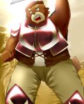  2010 alternate_text_(artist) anthro armor bottomwear brown_body brown_fur clothing fur hi_res humanoid_hands kemono male mammal outside overweight overweight_male pants shirt solo topwear ursid weapon 