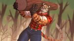  16:9 2021 anjing_kampuss anthro barazoku big_muscles bottomwear clothed clothing denim denim_clothing dutch_angle felid forest fur gloves handwear hi_res holding_log holding_object holding_wood jeans log lumberjack male mammal muscular muscular_anthro muscular_male outside pantherine pants plant shirt solo standing suspenders text tiger topwear tree tuft url widescreen wood working 