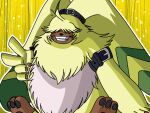 4:3 angoramon anthro bandai_namco digimon digimon:_ghost_game digimon_ghost_game fluffy fur gesture grin hair_over_eyes hi_res male neck_tuft pawpads sitting smile solo tuft v_sign yellow_body yellow_fur zssjblue 