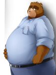  2011 3:4 alternate_text_(artist) anthro belly big_belly black_nose bottomwear brown_body brown_fur clothing fur kemono male mammal overweight overweight_male pants shirt solo topwear ursid 