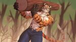  16:9 2021 abs anjing_kampuss anthro barazoku biceps big_muscles bottomwear clothed clothing denim denim_clothing dutch_angle felid forest fur gloves handwear hi_res holding_log holding_object holding_wood jeans log lumberjack male mammal muscular muscular_anthro muscular_male navel outside pantherine pants plant solo standing text tiger topless topless_male tree tuft url widescreen wood working 