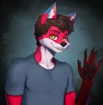  absurd_res blue_ears canid canine clothing eldiman fox hi_res holly_(ortiz) icon male mammal paws red_body shirt smile solo topwear yellow_eyes 