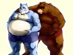  2012 4:3 alternate_text_(artist) anthro belly big_belly black_nose blue_body blue_fur blush bodily_fluids brown_body brown_fur canid canine canis clothing domestic_dog duo eyes_closed fur hi_res kemono male male/male mammal moobs obese obese_male overweight overweight_male simple_background sweat underwear ursid white_background 