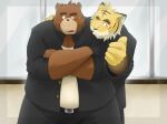  2010 alternate_text_(artist) anthro belly blush bodily_fluids bottomwear brown_body brown_fur clothing detailed_background duo felid fur hug humanoid_hands inside kemono male male/male mammal obese obese_male overweight overweight_male pantherine pants shirt sweat tiger topwear ursid yellow_body 