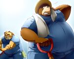  2012 5:4 alternate_text_(artist) anthro belly big_belly bottomwear brown_body brown_fur clothing duo felid fur hat headgear headwear humanoid_hands kemono male mammal obese obese_male overweight overweight_male pantherine pants shirt straw_hat tiger topwear towel ursid 
