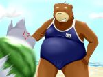  2010 4:3 alternate_text_(artist) angry anthro beach belly blush bulge canid canine clothing duo eyes_closed food fruit grey_body humanoid_hands japanese_text kemono male mammal melon outside overweight overweight_male plant seaside swimwear text ursid water watermelon 