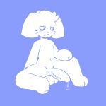  1:1 absurd_res anthro big_penis blue_and_white bodily_fluids canid canine discord_(app) discord_dog dripping erection genital_fluids genitals hand_on_leg hand_on_thigh hi_res humanoid_genitalia humor joke looking_at_viewer male mammal monochrome penis precum precum_drip sitting smile smirk solo spread_legs spreading tinysmallman writing_on_body 