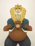  2010 3:4 alternate_text_(artist) anthro belly bottomwear brown_body brown_fur carrying clothing duo felid fur humanoid_hands kemono male mammal moobs muscular muscular_male navel overweight overweight_male pantherine pants piggyback simple_background tiger ursid 