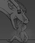  4:5 anon bodily_fluids breath cupnoodle_(artist) dragon drooling duo feral greyscale hi_res human human_prey imminent_vore larger_feral macro male male_pred male_prey mammal monochrome open_mouth saliva scalie scared sitting size_difference smaller_human smaller_male vore 