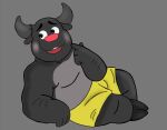 2021 anicrossbear anthro belly black_body blush bottomwear bovid bovine cattle clothing horn male mammal overweight overweight_male shorts simple_background sitting solo the_human_heart_(game) tyler_(the_human_heart) video_games visual_novel 