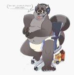  2020 anthro beverage black_nose bottlebear chips_(food) claws clothed clothing controller crumbs dialogue diaper digital_drawing_(artwork) digital_media_(artwork) english_text feet food fur game_controller gaming grey_body grey_fur headgear headphones headset hi_res male mammal markings overweight overweight_male procyonid raccoon simple_background soda solo speech_bubble striped_tail stripes teeth text toe_claws toes tongue tongue_out topless tykecooney white_background yellow_eyes 