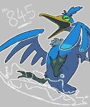  2021 ambiguous_gender avian beak bird blue_body blue_feathers cramorant feathered_wings feathers feral green_eyes grey_background grey_body grey_feathers gyu_hydrogen long_neck mammal membrane_(anatomy) nintendo open_beak open_mouth pok&eacute;mon pok&eacute;mon_(species) simple_background solo spread_legs spread_wings spreading tail_feathers video_games water webbed_feet wings yellow_beak 