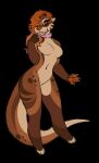  anthro big_tail biped breasts brown_body brown_fur brown_skin carmen_estalta choker claws collar colored digital_drawing_(artwork) digital_media_(artwork) fangs female flat_colors fur hair handpaw hi_res highlights_(coloring) invalid_tag jewelry long_hair looking_at_viewer lutrine mammal model_sheet multicolored_body multicolored_fur multicolored_hair multicolored_skin multicolored_tail mustelid necklace nude open_mouth orange_eyes orange_hair paws pose simple_background smile solo standing unknown_artist wavy_hair 