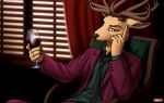  2021 5_fingers alcohol anthro beastars beverage blinds brown_body brown_fur cervid chair clothing curtains finger_on_head fingers fur furniture hi_res louis_(beastars) male mammal necktie netflix nya-wolf purple_clothing sitting solo suit wine wine_glass wwredgrave 