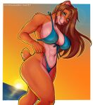  2021 abs anthro athletic bikini bikini_bottom bikini_top blue_bikini blue_bikini_bottom blue_bikini_top blue_clothing blue_eyes blue_swimwear breasts brown_hair clothed clothing dated digital_media_(artwork) eyelashes female hair kitsunewaffles-chan lens_flare long_hair looking_at_viewer mammal navel outside portrait sea serratus shaded solo standing sunset swimwear three-quarter_portrait water 