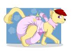  2017 ambiguous_gender big_diaper black_nose bunnykisses diaper feral fur glistening glistening_eyes hair pink_diaper pink_eyes pink_scarf pupils purple_pupils quadruped red_hair scarf side_view solo yellow_body yellow_ears yellow_fur yellow_tail 