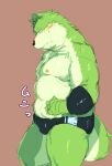  2016 anthro belly blush bulge canid canine canis clothing domestic_dog fur gattatta green_body green_fur hi_res humanoid_hands kemono male mammal moobs nipples overweight overweight_male simple_background solo underwear 