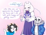  anthro blush bone breasts canid canine clothed clothing english_text felid feline fur hair mammal missholoska open_mouth sans_(undertale) simple_background smile tailwag tem temmie_(undertale) text topwear toriel undertale video_games white_body white_fur 