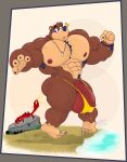  2021 abs absurd_res anthro armpit_hair arthropod balls banjo-kazooie banjo_(banjo-kazooie) biceps big_balls big_bulge big_muscles big_penis blue_border blush bodily_fluids body_hair border bracelet bulge chest_hair clothing clothing_pull crab crustacean decapoda emanata eyebrows flaccid fur genital_fluids genitals grey_border hi_res huge_balls huge_bulge huge_muscles huge_penis ineffective_clothing jewelry looking_back malacostracan male mammal marine muscular muscular_anthro muscular_male necklace obliques pecs penis precum precum_through_clothing precum_through_underwear pubes rareware rock sand simple_background solo spacebrute standing surprise text thick_thighs thong thong_pull torn_underwear underwear underwear_pull url ursid video_games water wet wet_clothing white_background 